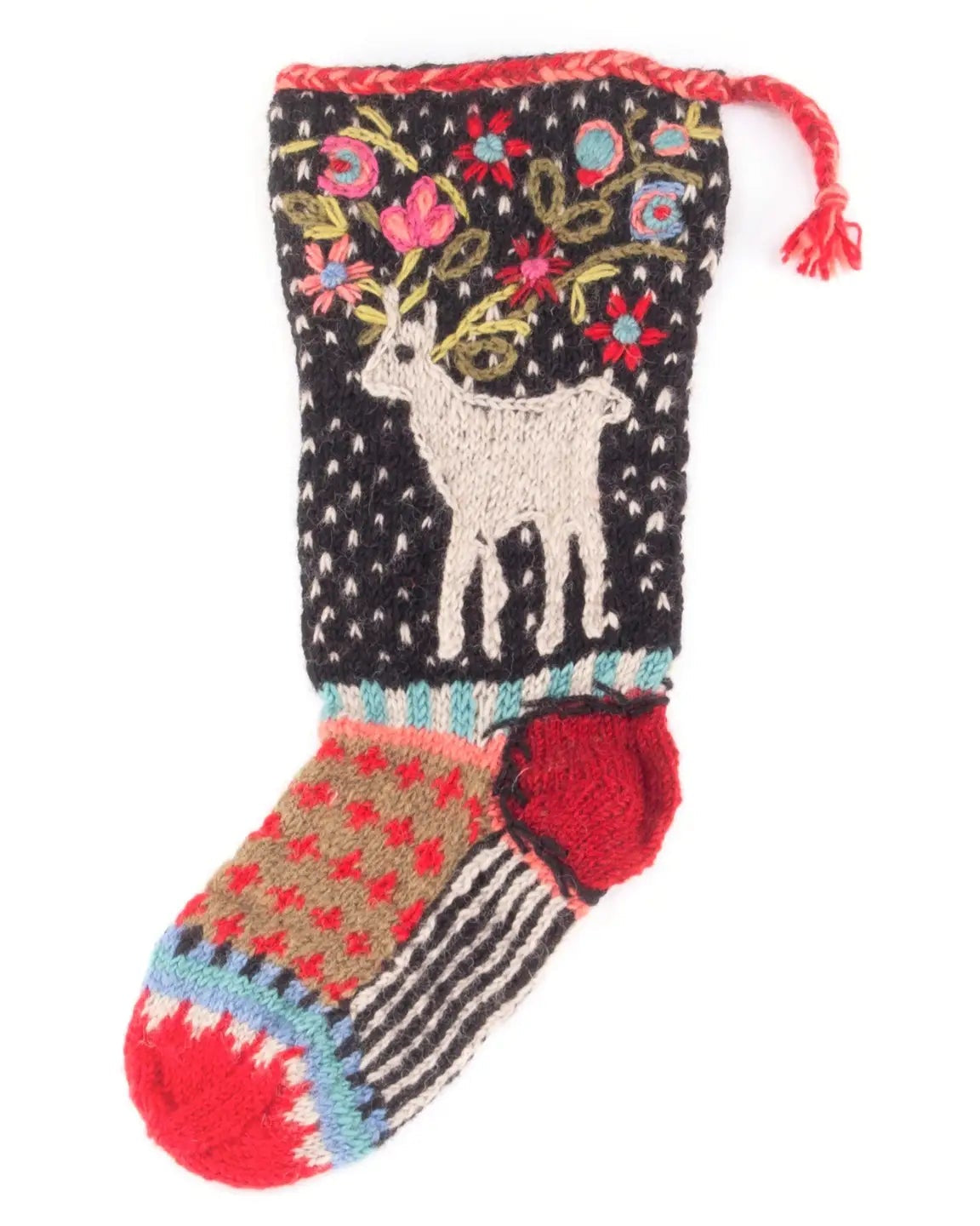 Reindeer Christmas Stocking – Hand-Embroidered Woodland Knit