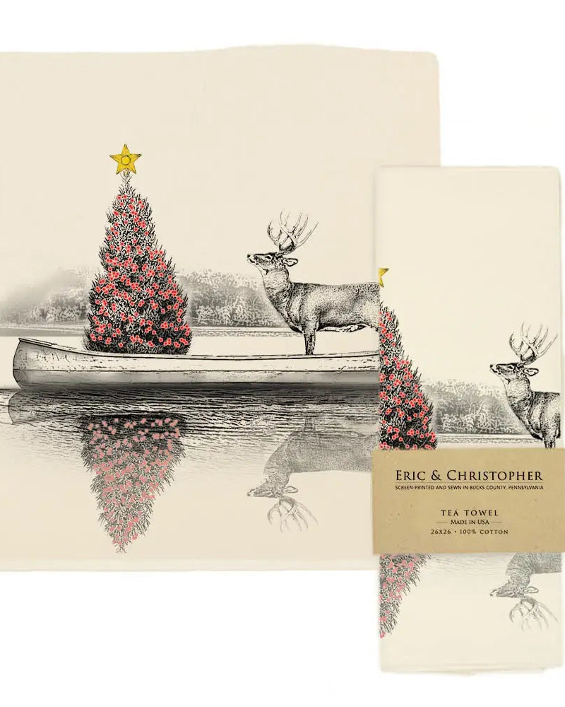 “Rowan Ridge” Reindeer in Canoe Tea Towel