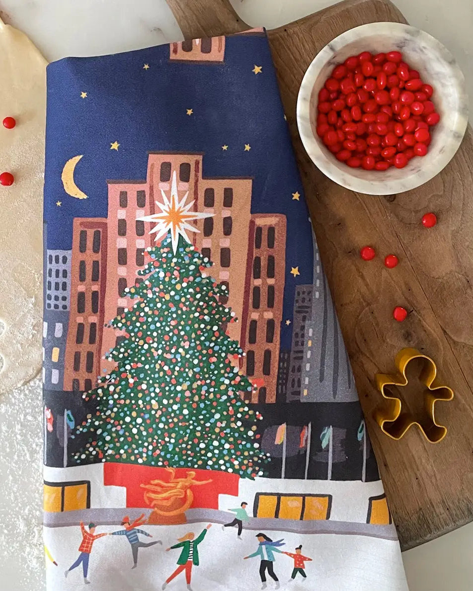 Rockefeller Tree Tea Towel – Hand-Painted Holiday Design