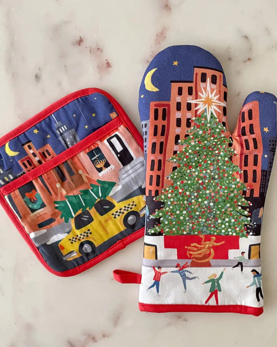 Rockefeller Holiday Oven Mitt + Pot Holder Set – Hand-Painted Holiday Design